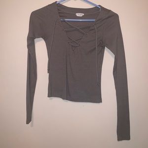 Tight, army green, long sleeve, lace up crop top